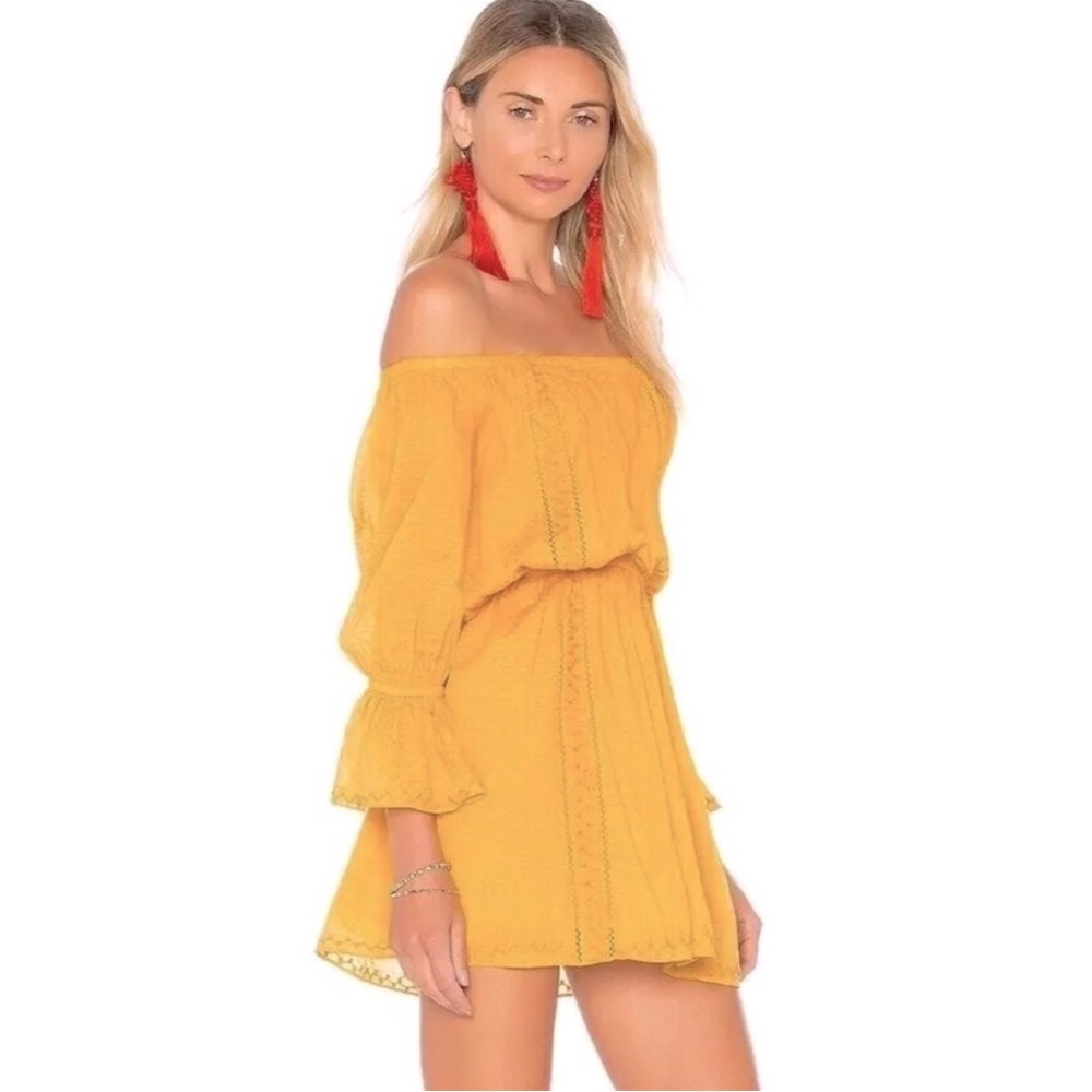 Tularosa Luna Off The Shoulder Mini Dress in Ginger Yellow boho hippie peasant L